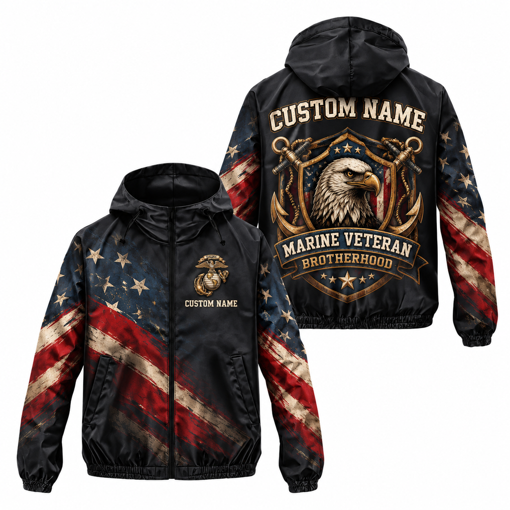 Custom Name Marine Corps Veteran Brotherhood Running Windbreaker Jacket