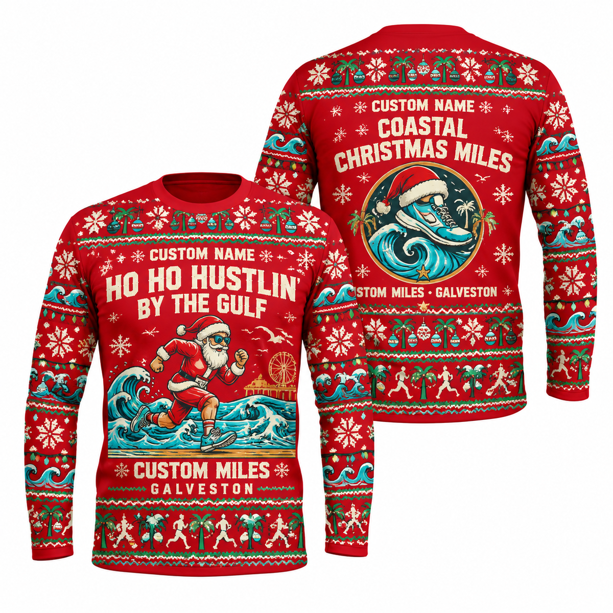 Custom Name Miles Ho Ho Hustlin’ by the Gulf Santa Hustle Galveston Running Long Sleeve Shirt