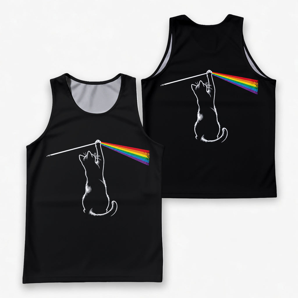 Cat Running Tank Top Rock Cat Playing with Rainbow Light Running Singlet for Men and Women