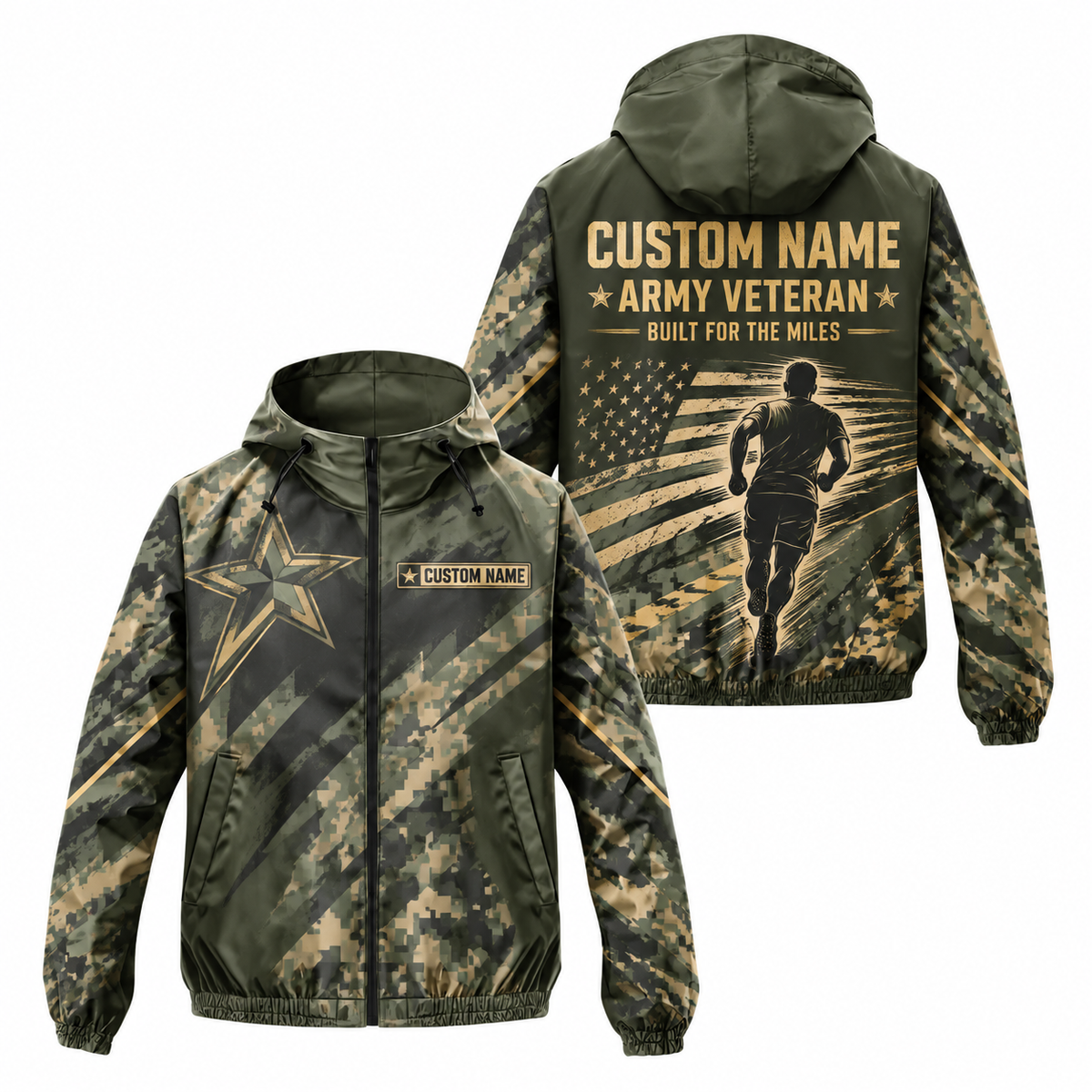 Custom Name Army Camo Miles Veteran Running Windbreaker Jacket