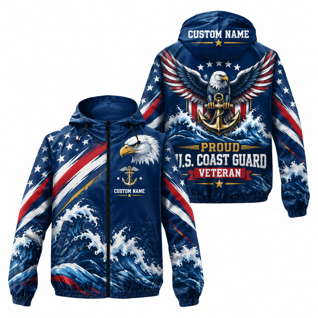 Custom Name Coast Guard Eagle Ocean Veteran Running Windbreaker Jacket