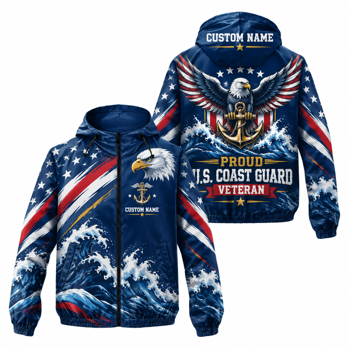 Custom Name Coast Guard Eagle Ocean Veteran Running Windbreaker Jacket
