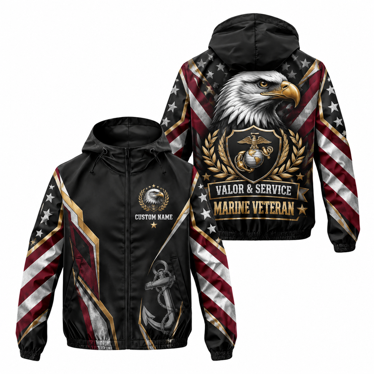 Custom Name Marine Veteran Eagle Valor Running Windbreaker Jacket