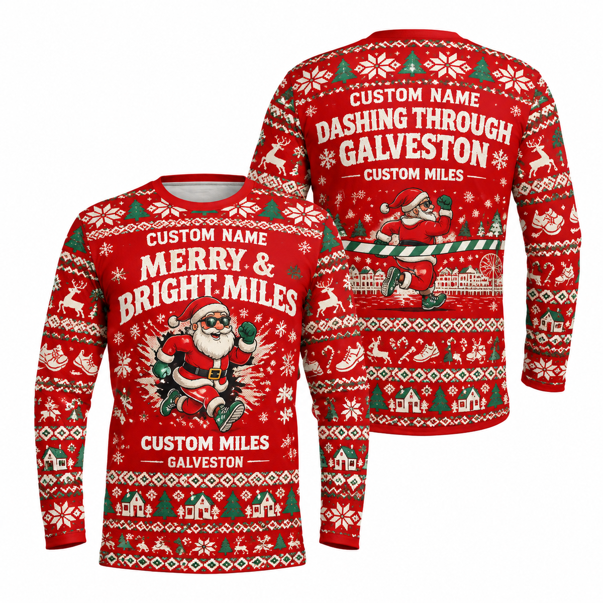 Custom Name Miles Merry & Bright Miles Santa Hustle Galveston Running Long Sleeve Shirt