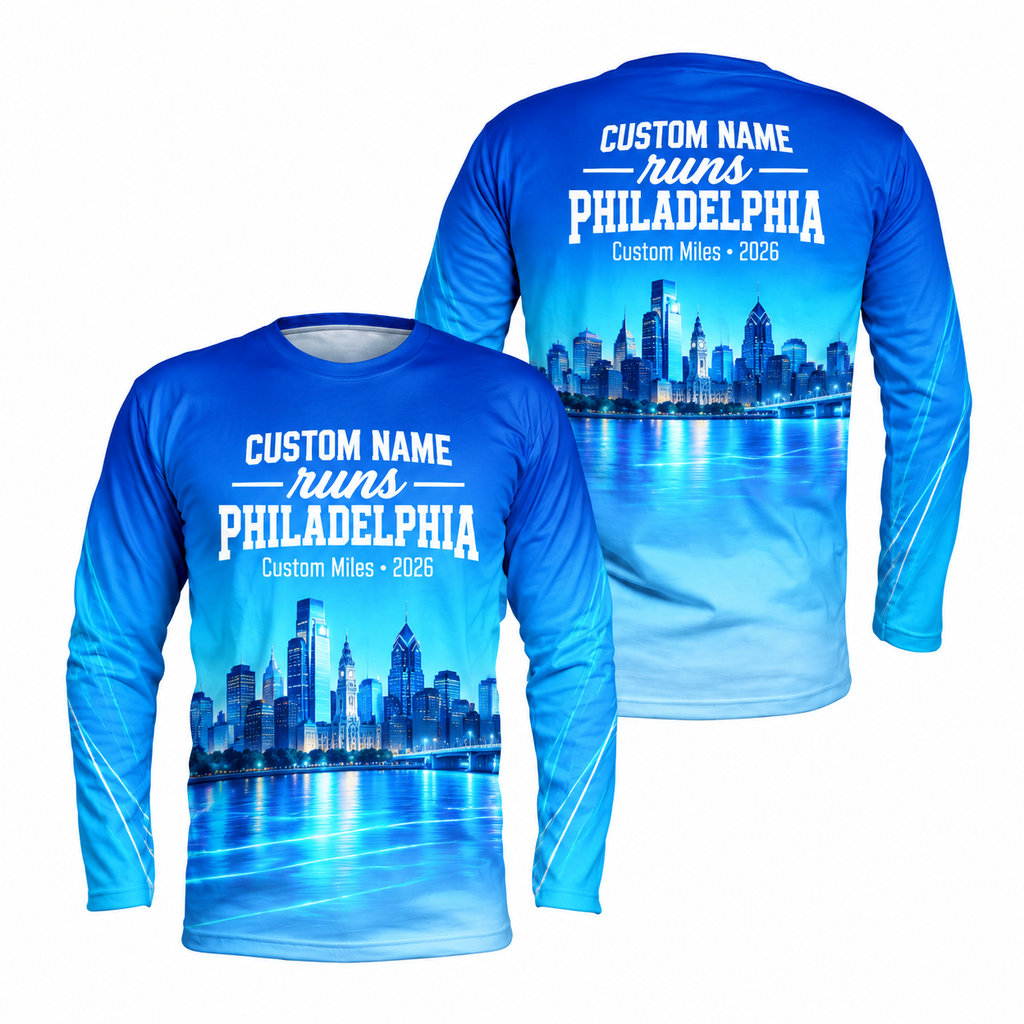 Custom Name Philadelphia Blue Skyline Energy Running Long Sleeve Shirt