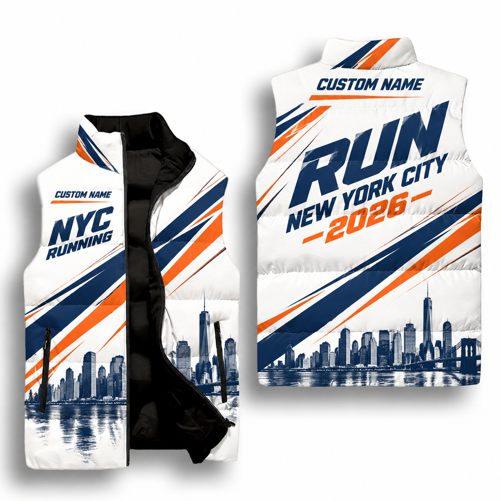 Custom Name Racing Stripe Borough Style Sleeveless Running Puffer Jacket