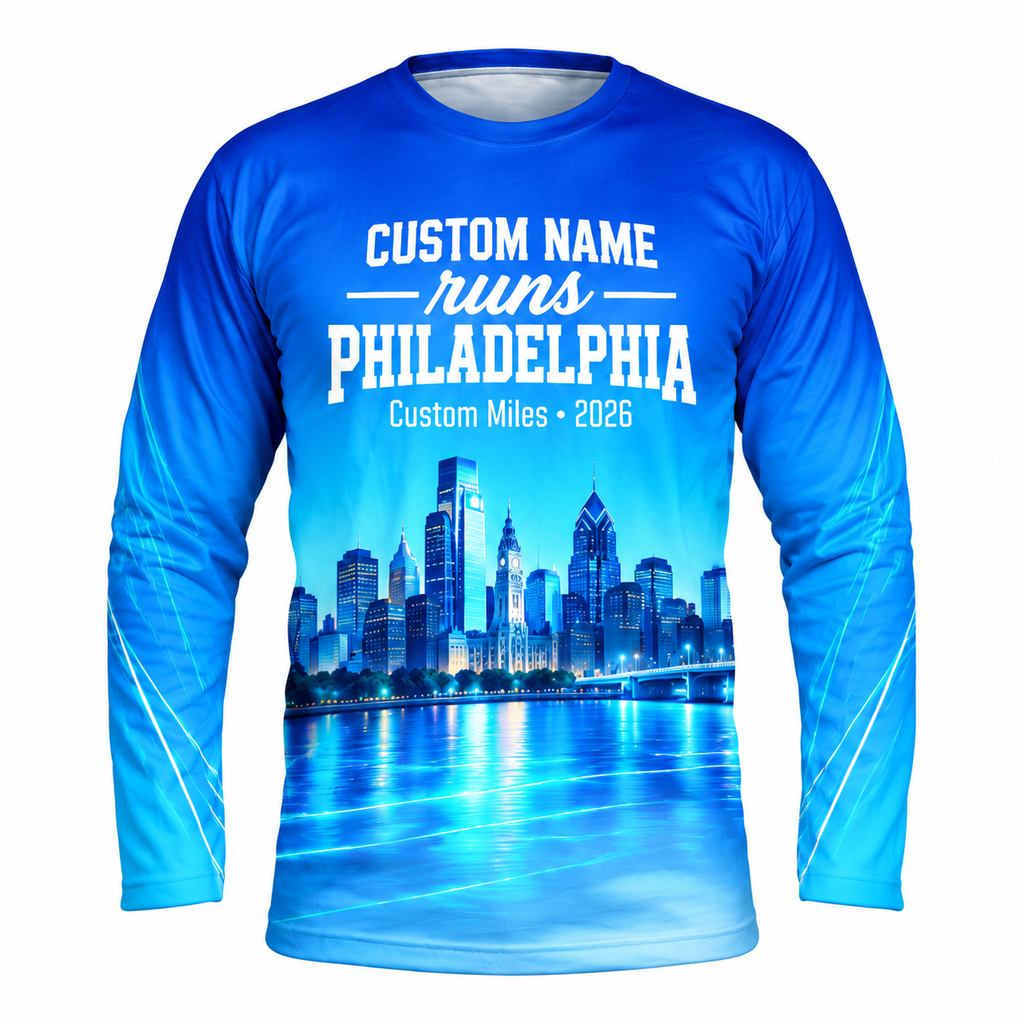Custom Name Philadelphia Blue Skyline Energy Running Long Sleeve Shirt