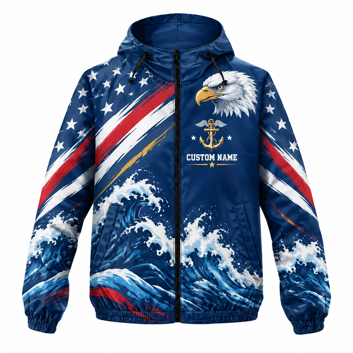 Custom Name Coast Guard Eagle Ocean Veteran Running Windbreaker Jacket