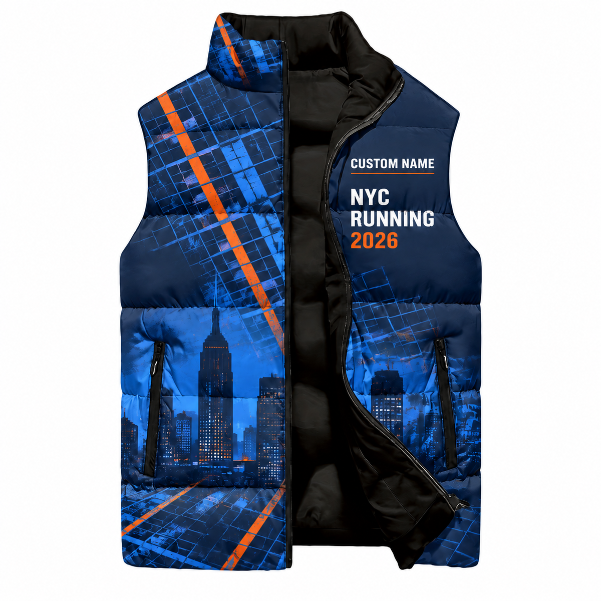 Custom Name City Grid Runner Sleeveless Running Puffer Jacket
