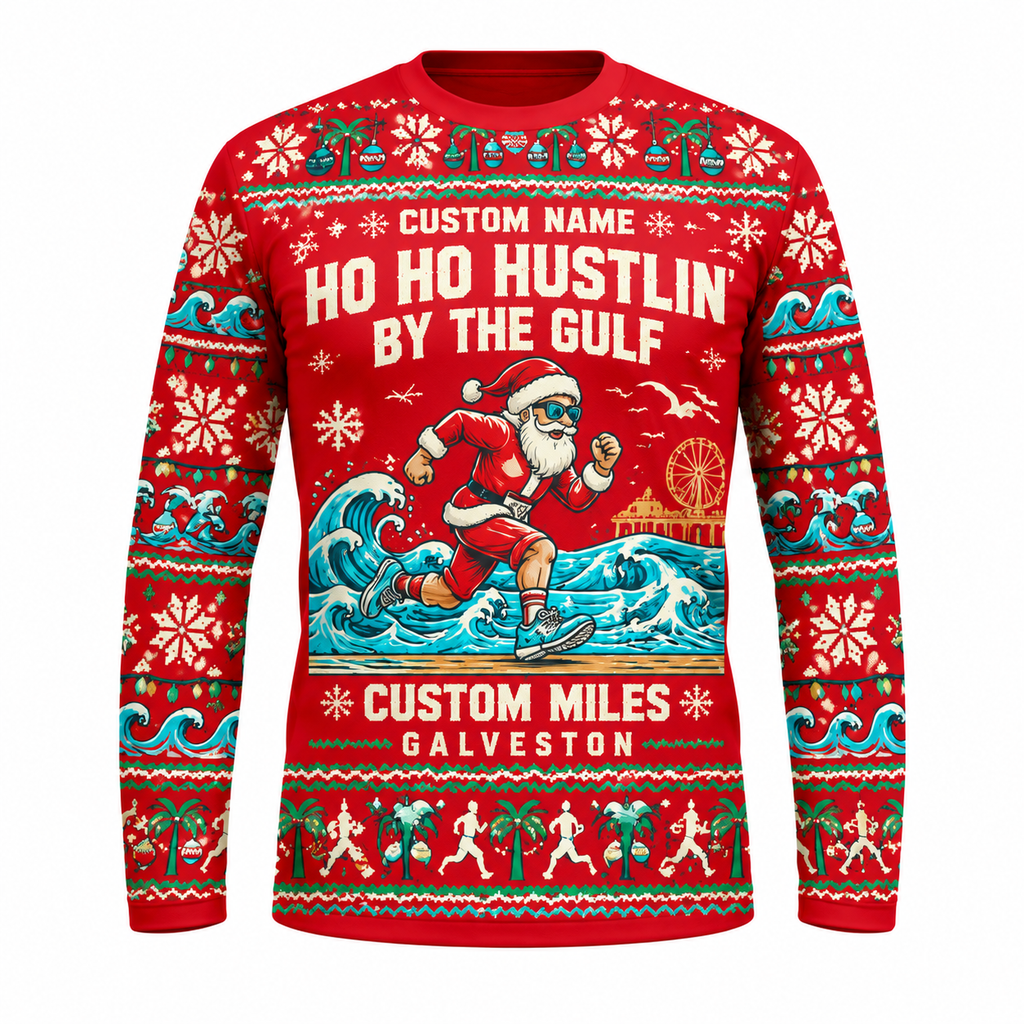 Custom Name Miles Ho Ho Hustlin’ by the Gulf Santa Hustle Galveston Running Long Sleeve Shirt