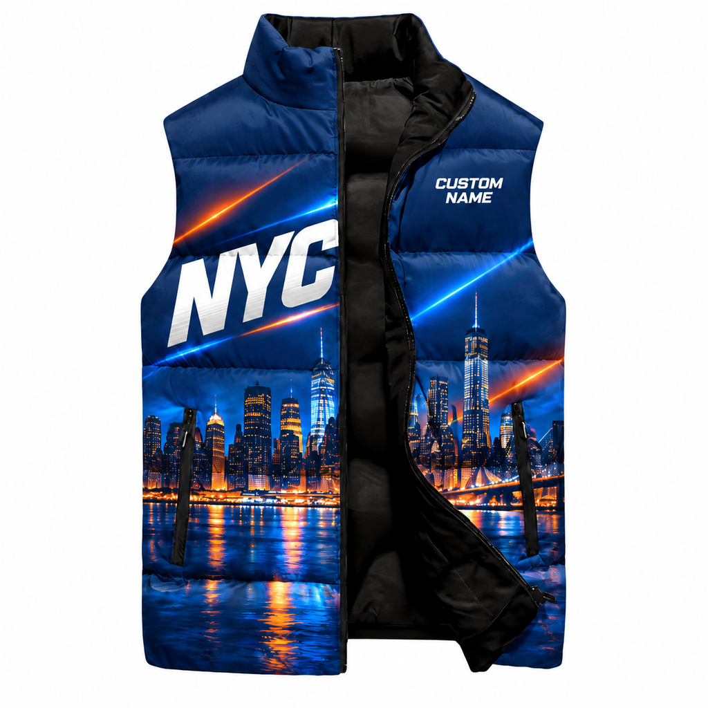 Custom Name NYC Midnight Lights Sleeveless Running Puffer Jacket