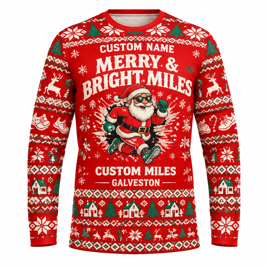 Custom Name Miles Merry & Bright Miles Santa Hustle Galveston Running Long Sleeve Shirt