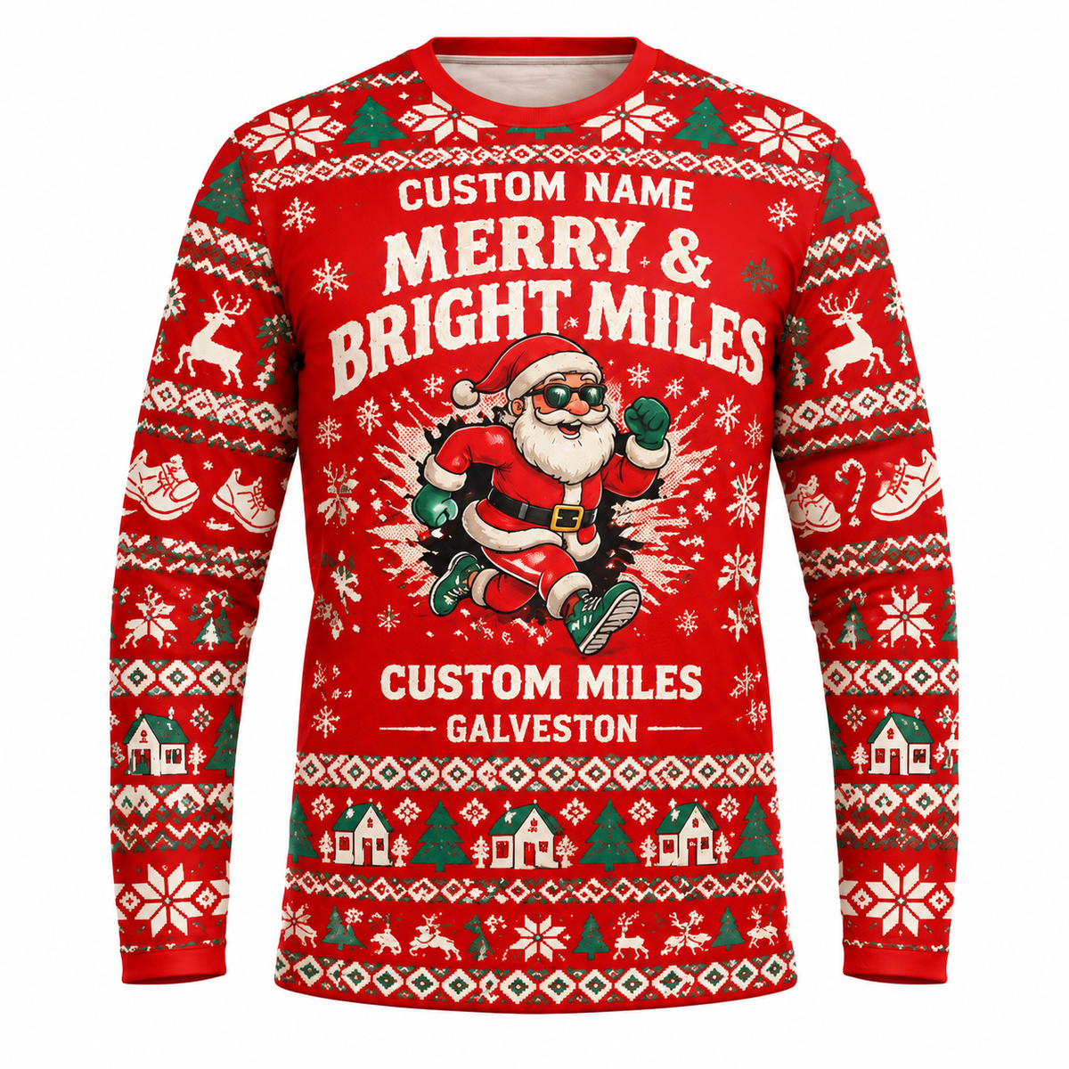 Custom Name Miles Merry & Bright Miles Santa Hustle Galveston Running Long Sleeve Shirt
