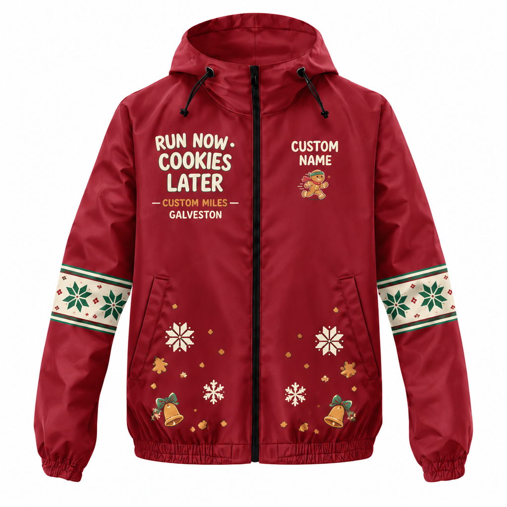 Custom Name Run Now Cookies Later Santa Hustle Galveston Running Windbreaker Jacket