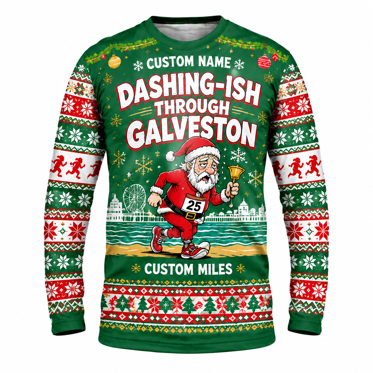 Custom Name Miles Dashing-ish Through Santa Hustle Galveston Running Long Sleeve Shirt