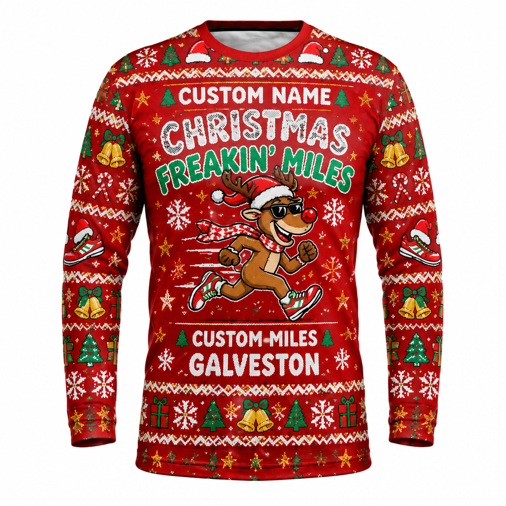 Custom Name Miles Christmas Freakin’ Miles Santa Hustle Galveston Running Long Sleeve Shirt