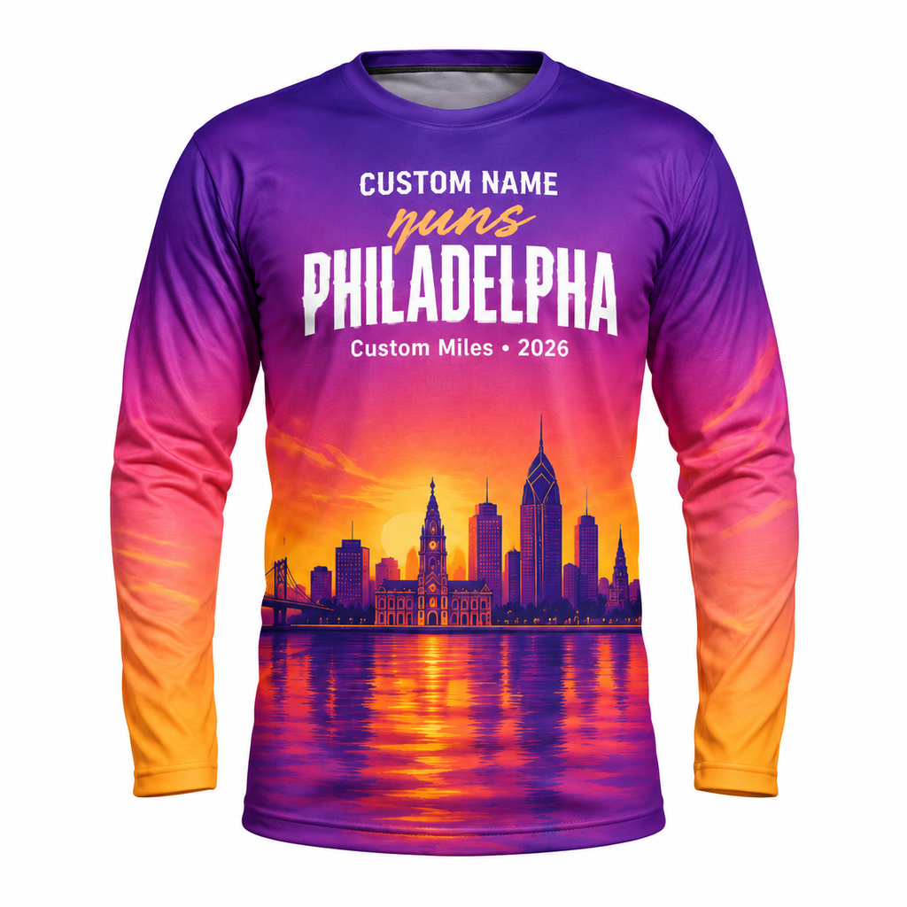 Custom Name Philly Sunset Skyline Running Long Sleeve Shirt