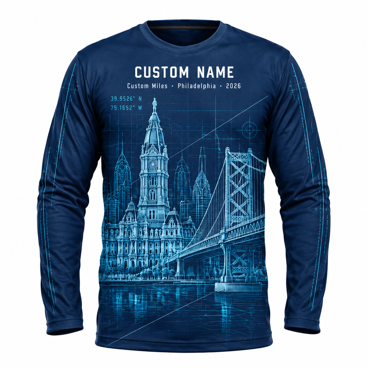 Custom Name Philadelphia Blueprint Bridge Running Long Sleeve Shirt