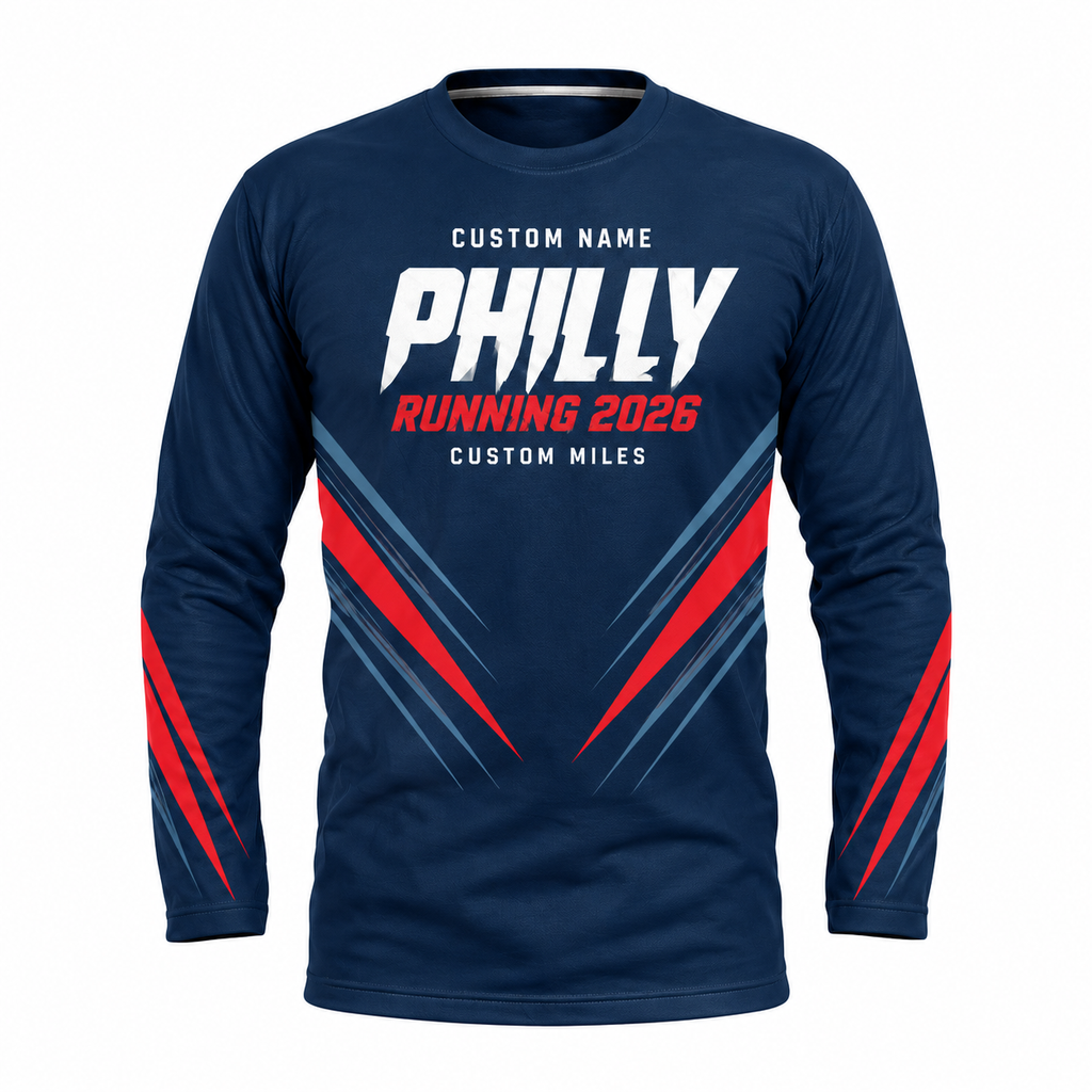 Custom Name Philly Racing Navy Red Running Long Sleeve Shirt