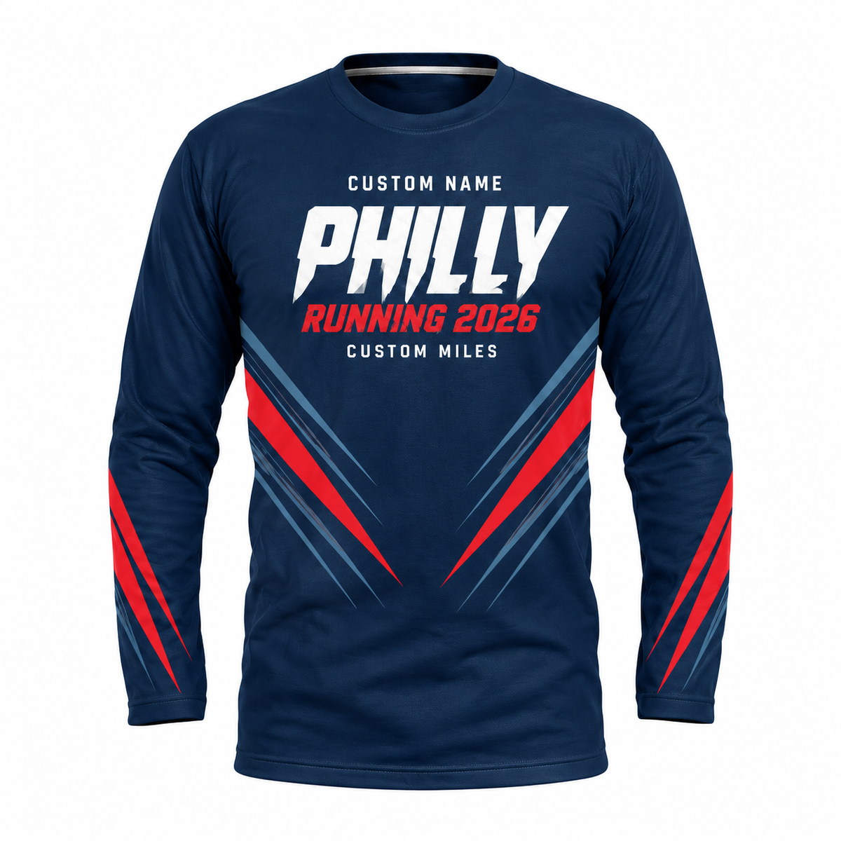 Custom Name Philly Racing Navy Red Running Long Sleeve Shirt