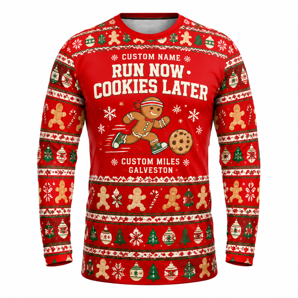 Custom Name Miles Run Now, Cookies Later Santa Hustle Galveston Running Long Sleeve Shirt