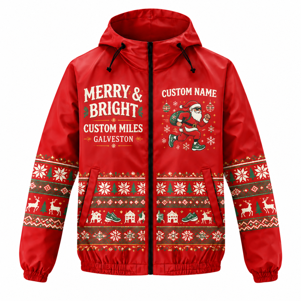 Custom Name Merry & Bright Santa Hustle Galveston Running Windbreaker Jacket