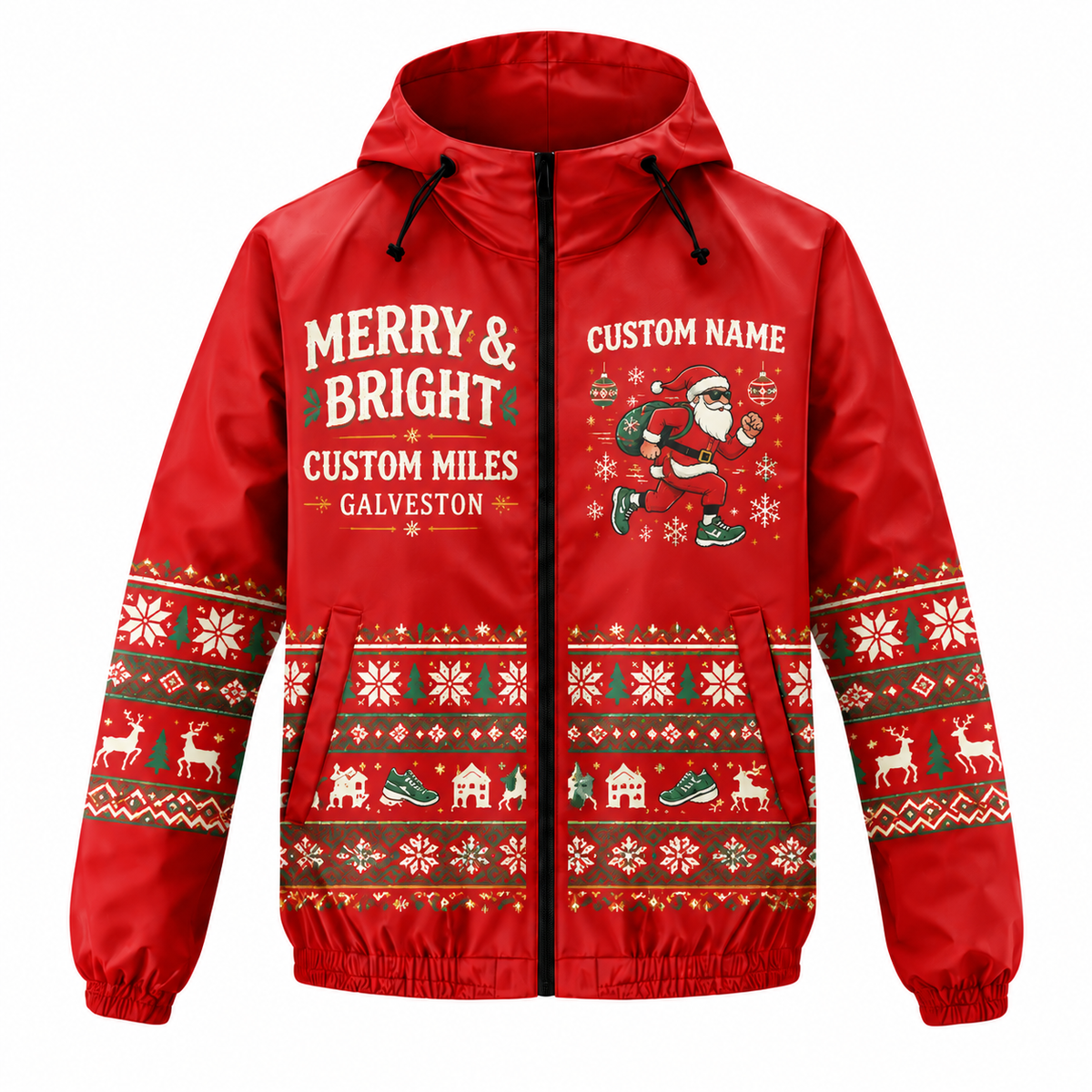 Custom Name Merry & Bright Santa Hustle Galveston Running Windbreaker Jacket