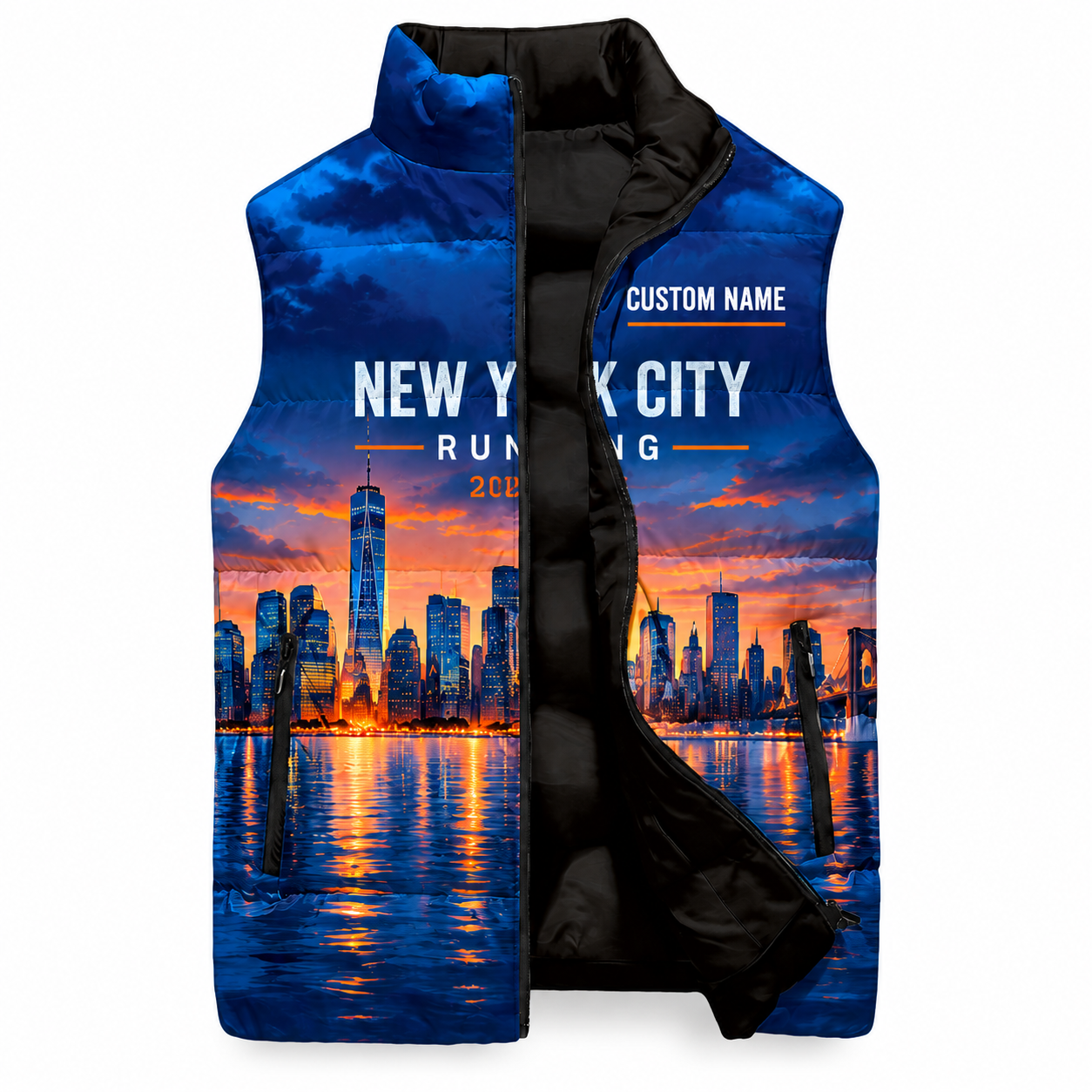Custom Name Waterfront Reflection NYC Sleeveless Running Puffer Jacket