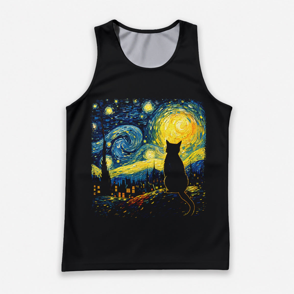 Cat Running Tank Top Starry Night Cat Running Singlet for Men and Women