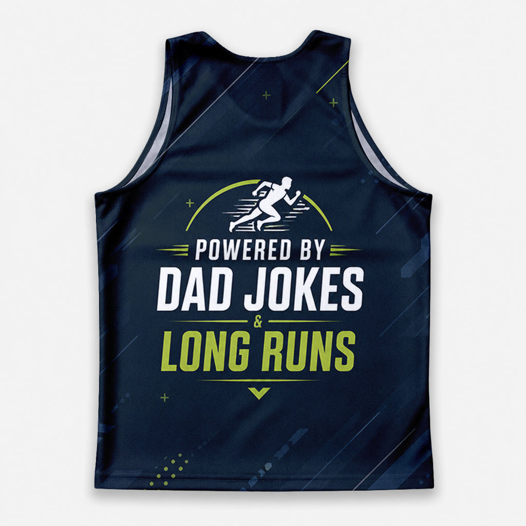 Funny Dad Running Tank Top My Powered by Dad Jokes & Long Runs Tech Singlet