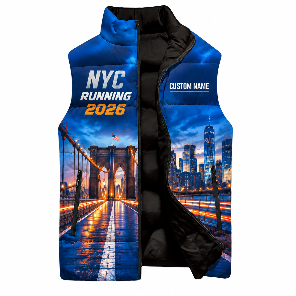 Custom Name Brooklyn Bridge Motion Sleeveless Running Puffer Jacket