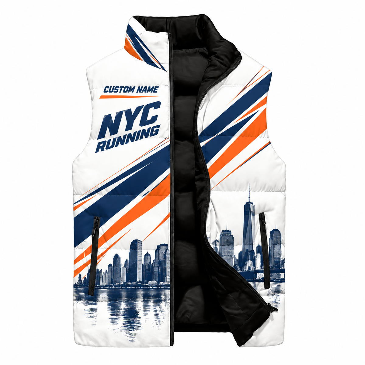 Custom Name Racing Stripe Borough Style Sleeveless Running Puffer Jacket