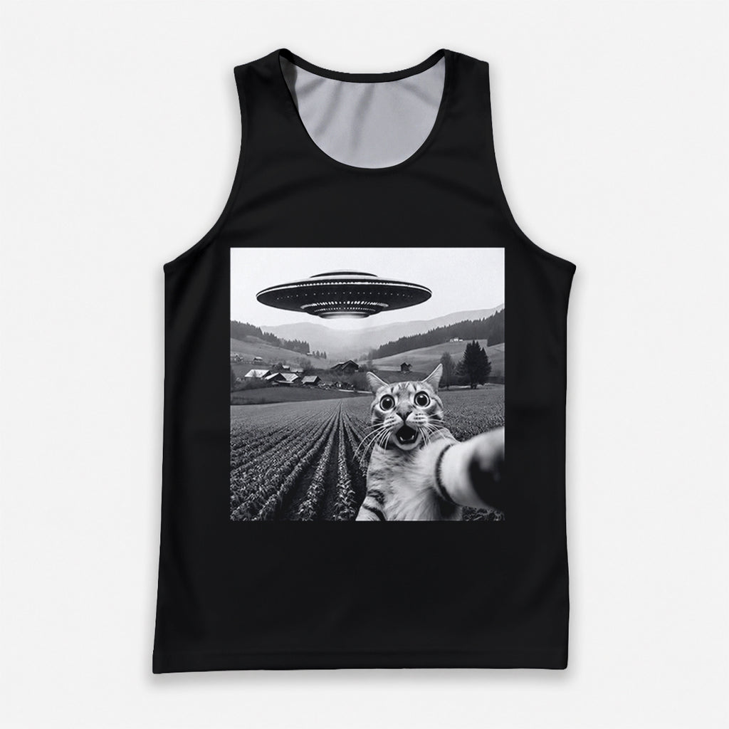Cat Running Tank Top UFO Funny Cat Running Singlet for Men and Women