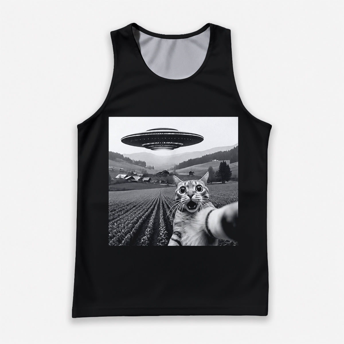Cat Running Tank Top UFO Funny Cat Running Singlet for Men and Women