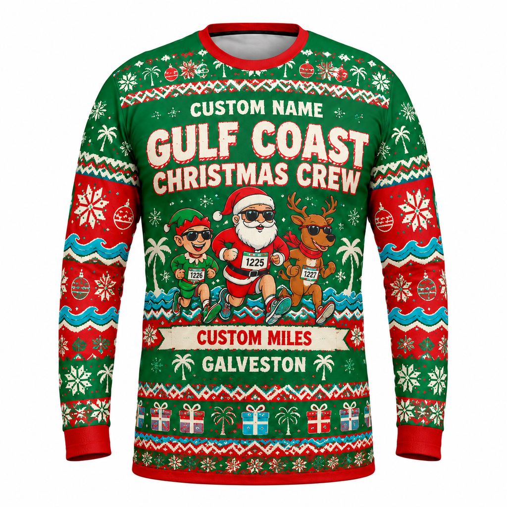 Custom Name Miles Gulf Coast Christmas Crew Santa Hustle Galveston Running Long Sleeve Shirt
