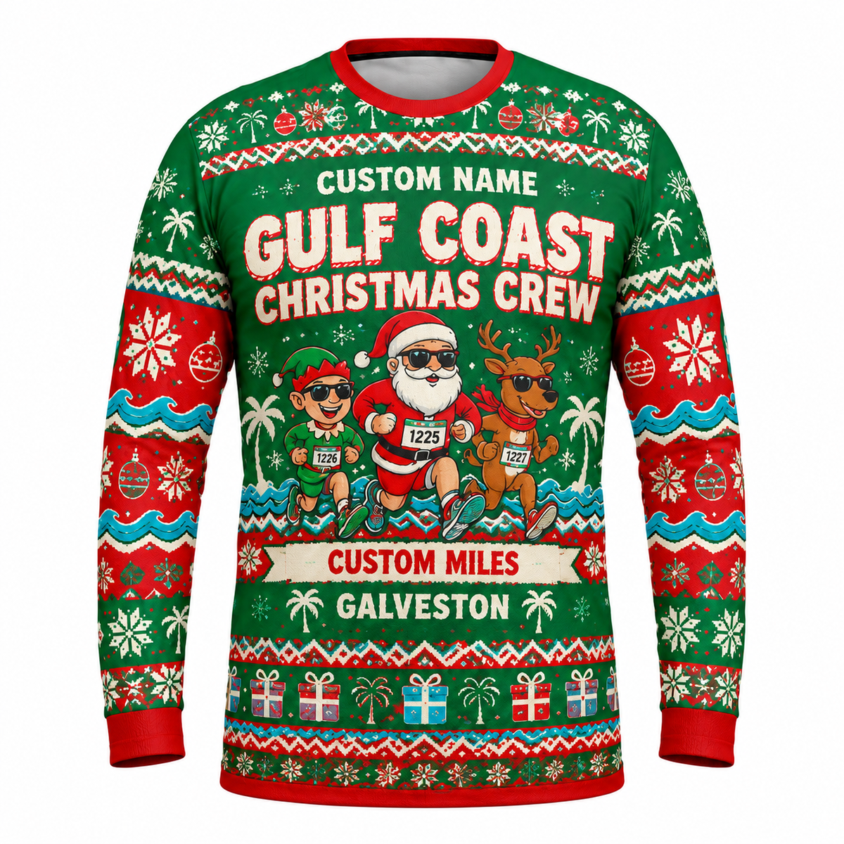 Custom Name Miles Gulf Coast Christmas Crew Santa Hustle Galveston Running Long Sleeve Shirt
