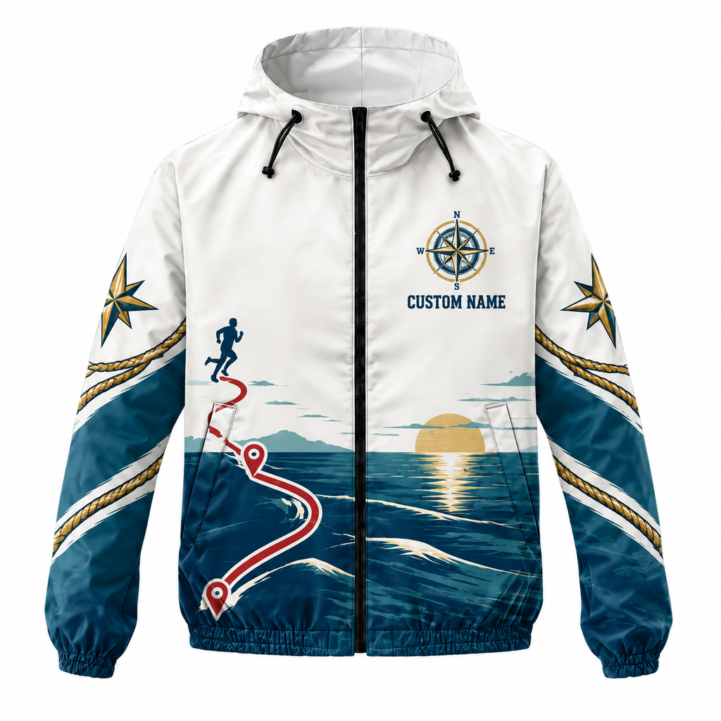 Custom Name Navy Compass Anchor Miles Running Windbreaker Jacket
