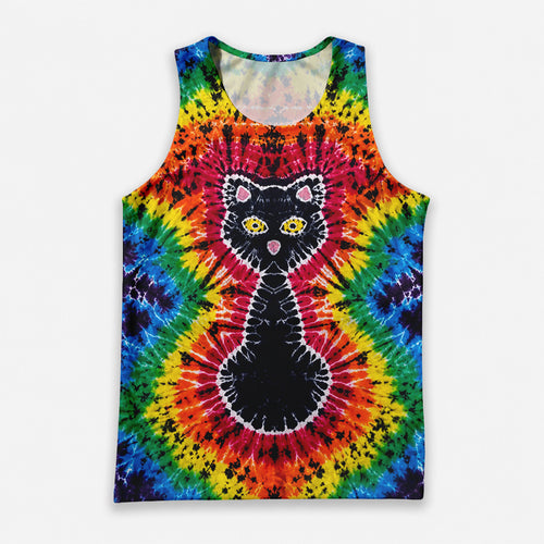 Cat Running Tank Top Tie Dye Black Cat Running Singlet for Men and Women