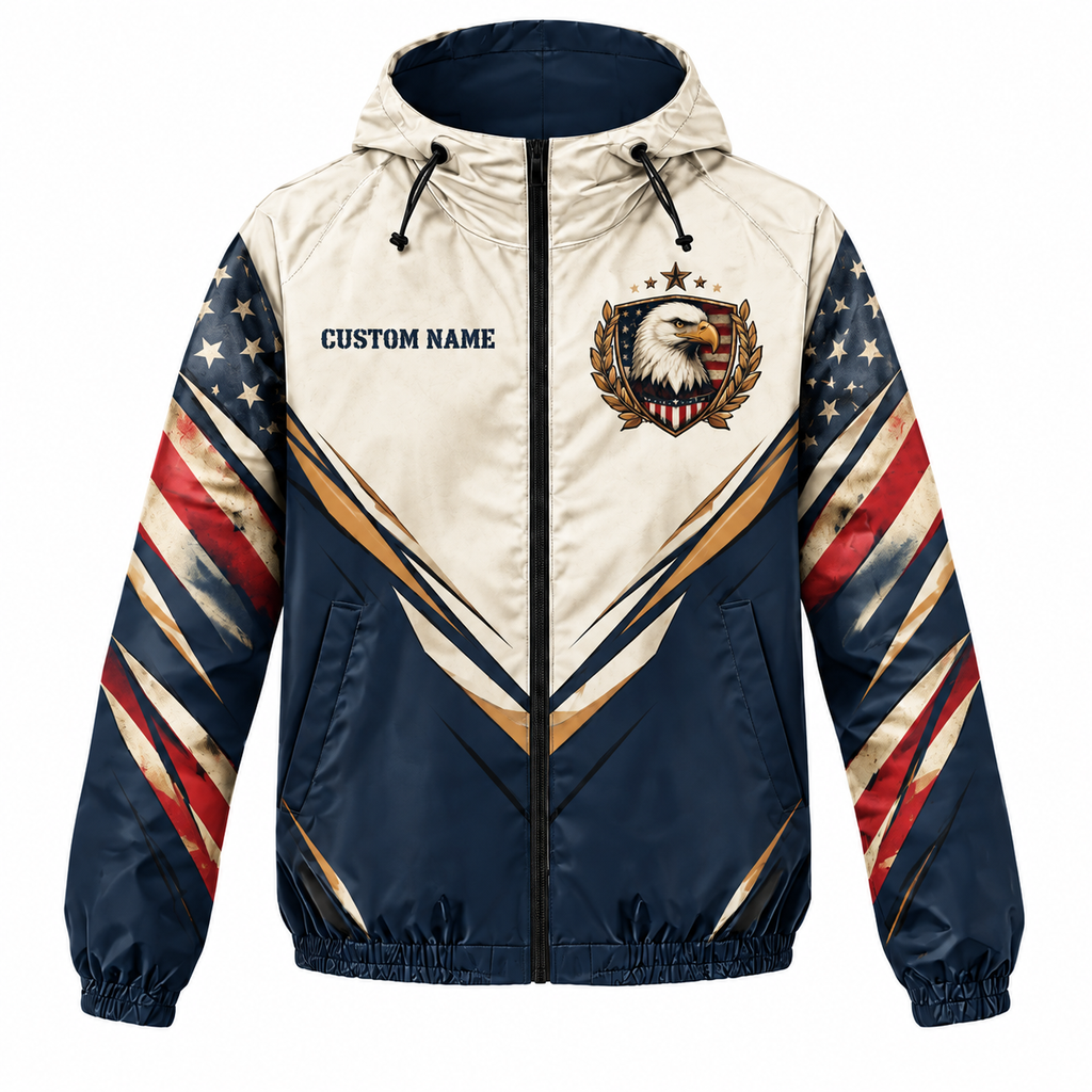 Custom Name American Veteran Eagle Crest Running Windbreaker Jacket