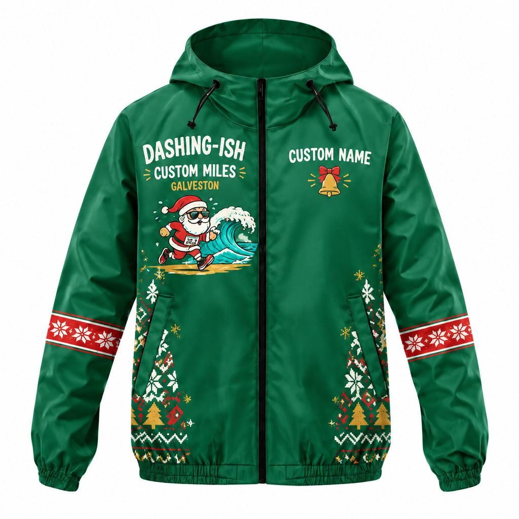 Custom Name Dashing-ish by the Gulf Santa Hustle Galveston Running Windbreaker Jacket