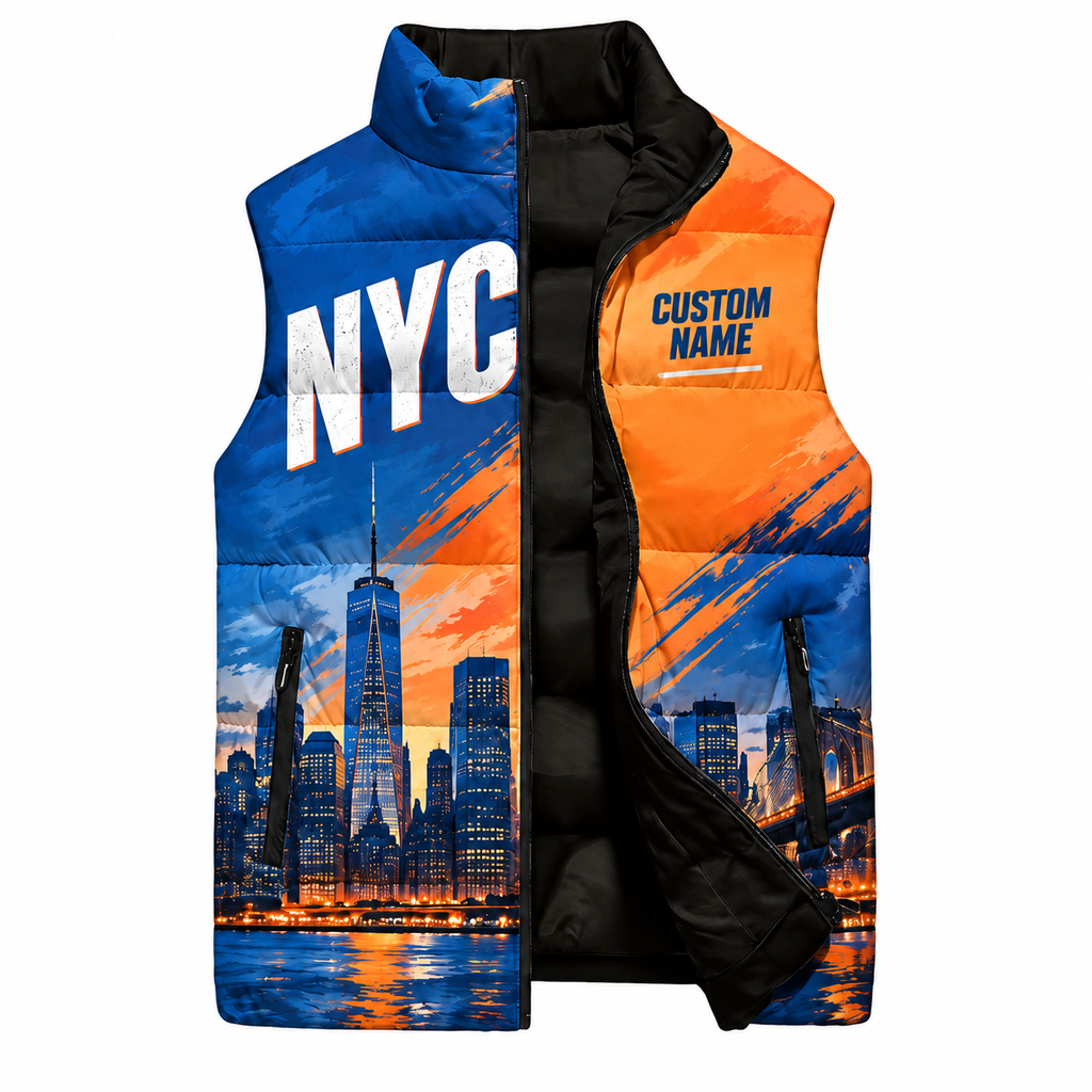 Custom Name Blue Orange Split Skyline Sleeveless Running Puffer Jacket