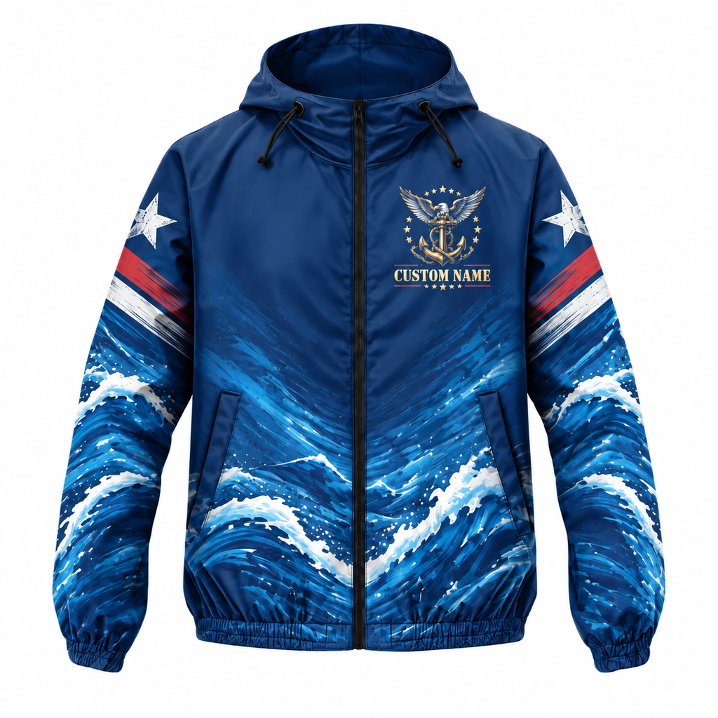 Custom Name Navy Anchor Veteran Running Windbreaker Jacket