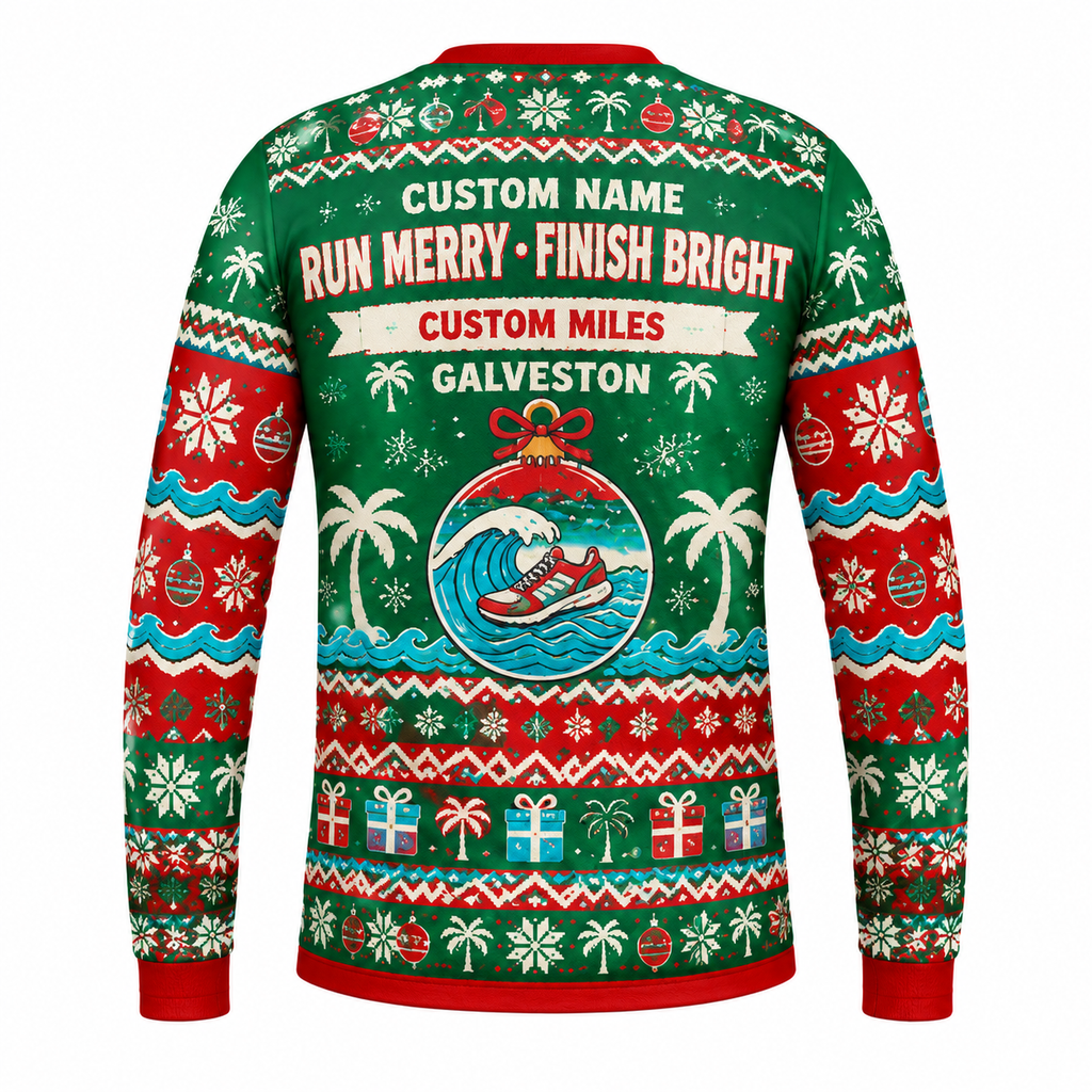 Custom Name Miles Gulf Coast Christmas Crew Santa Hustle Galveston Running Long Sleeve Shirt