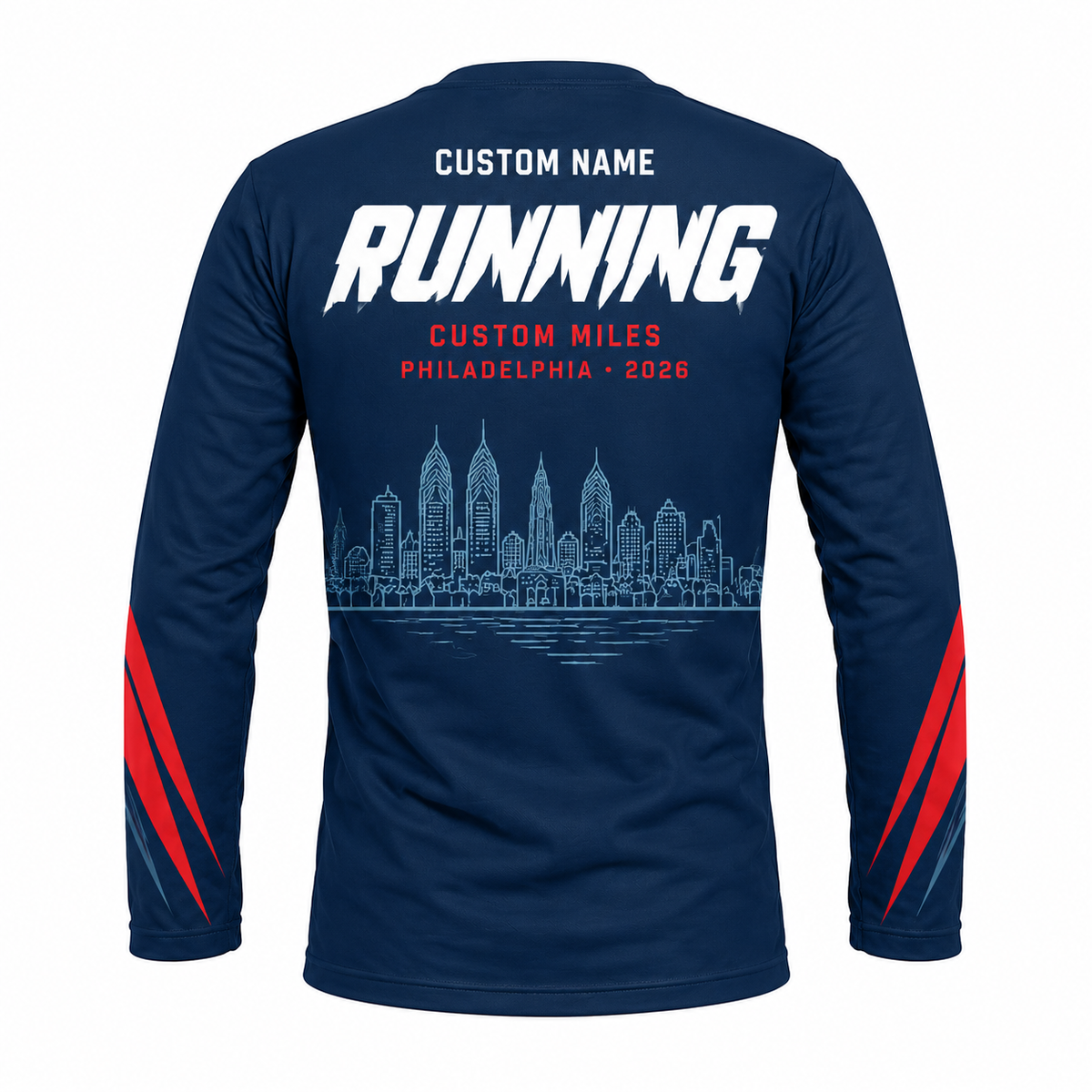Custom Name Philly Racing Navy Red Running Long Sleeve Shirt