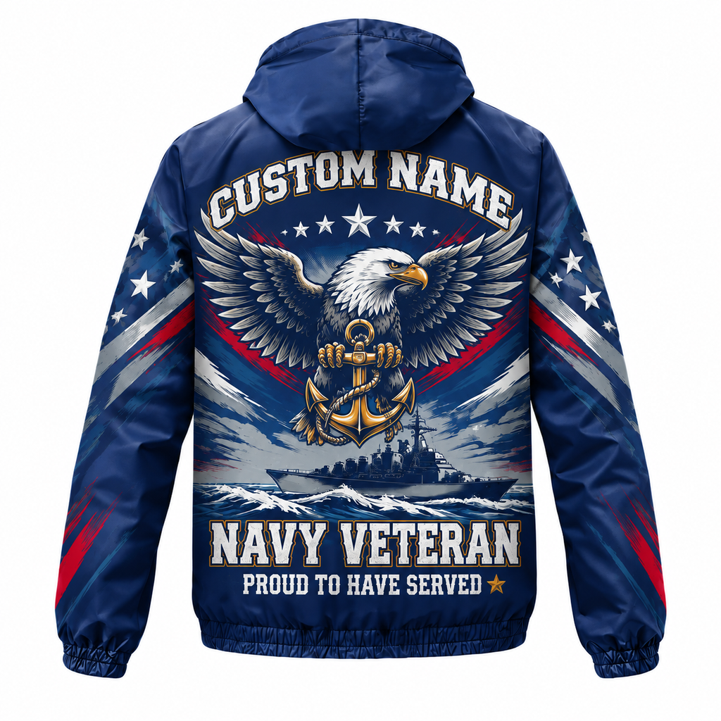 Custom Name Navy Sea Eagle Veteran Running Windbreaker Jacket