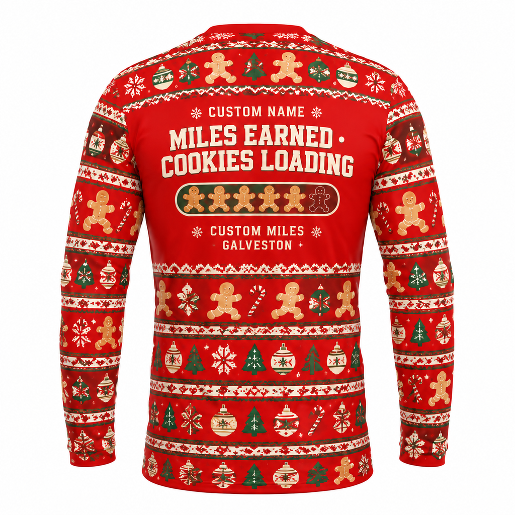 Custom Name Miles Run Now, Cookies Later Santa Hustle Galveston Running Long Sleeve Shirt