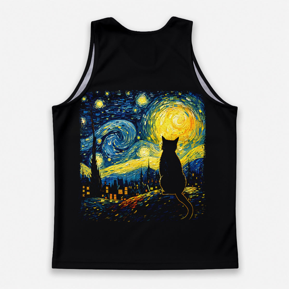 Cat Running Tank Top Starry Night Cat Running Singlet for Men and Women