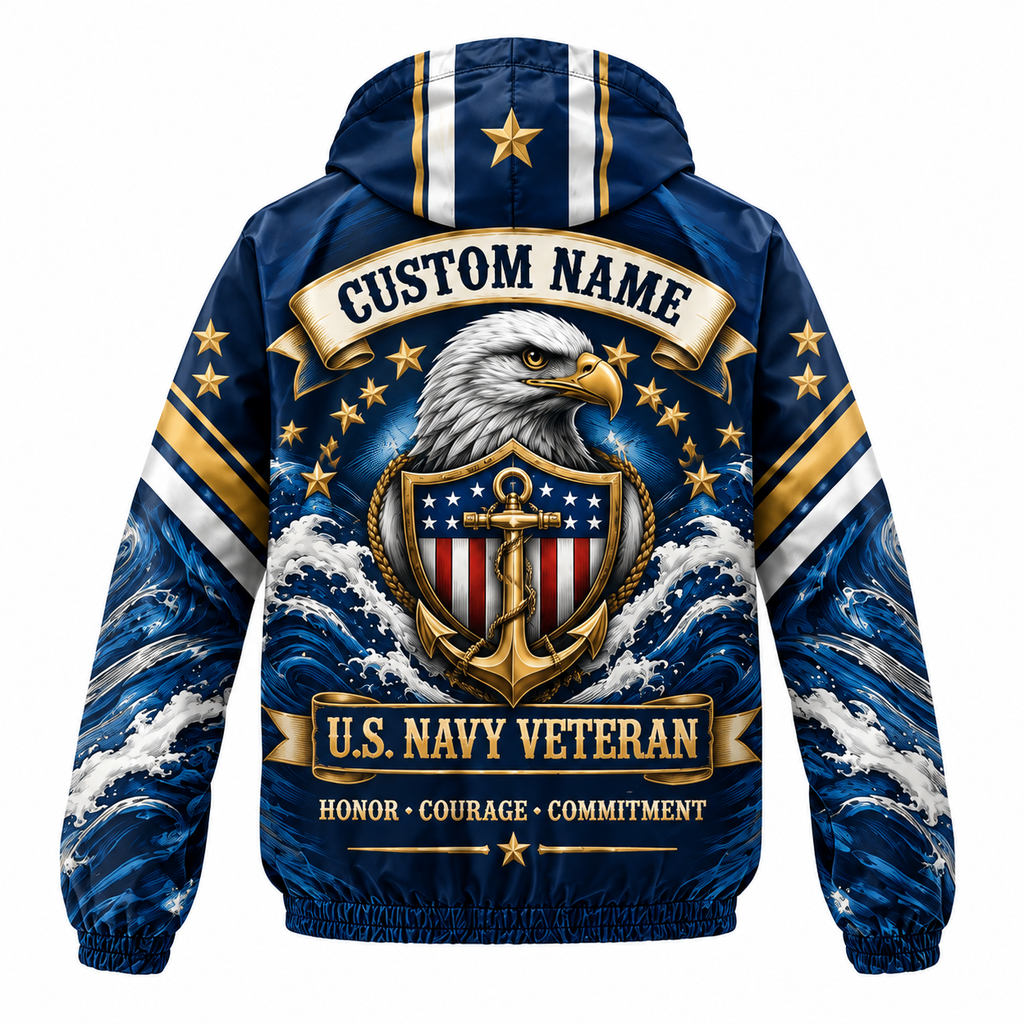 Custom Name Navy Honor Courage Commitment Running Windbreaker Jacket