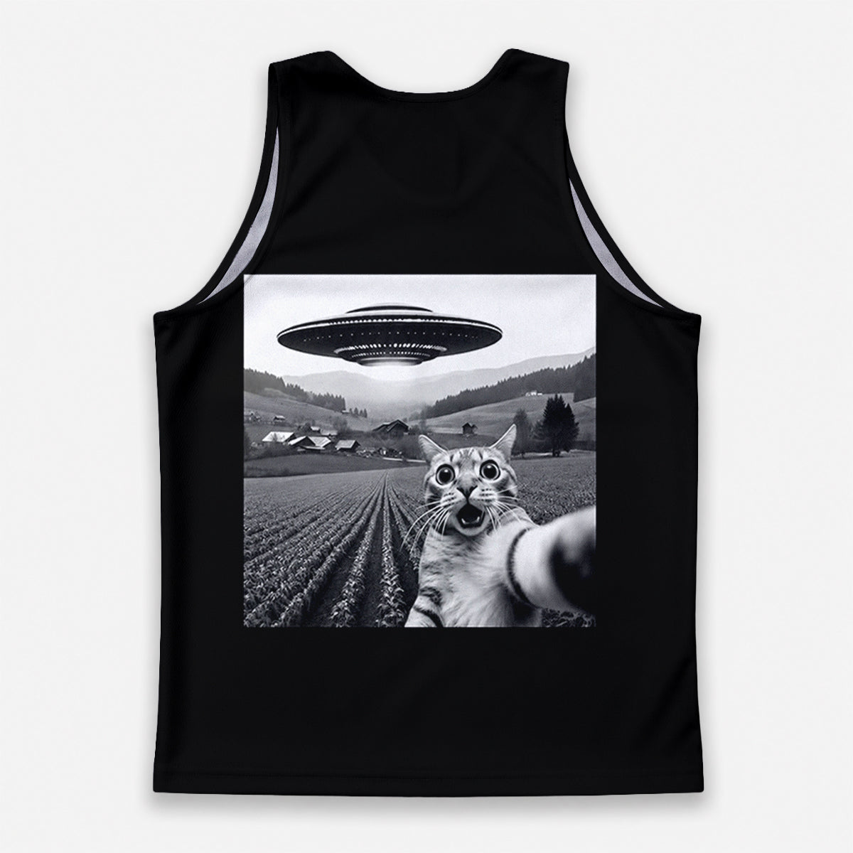 Cat Running Tank Top UFO Funny Cat Running Singlet for Men and Women