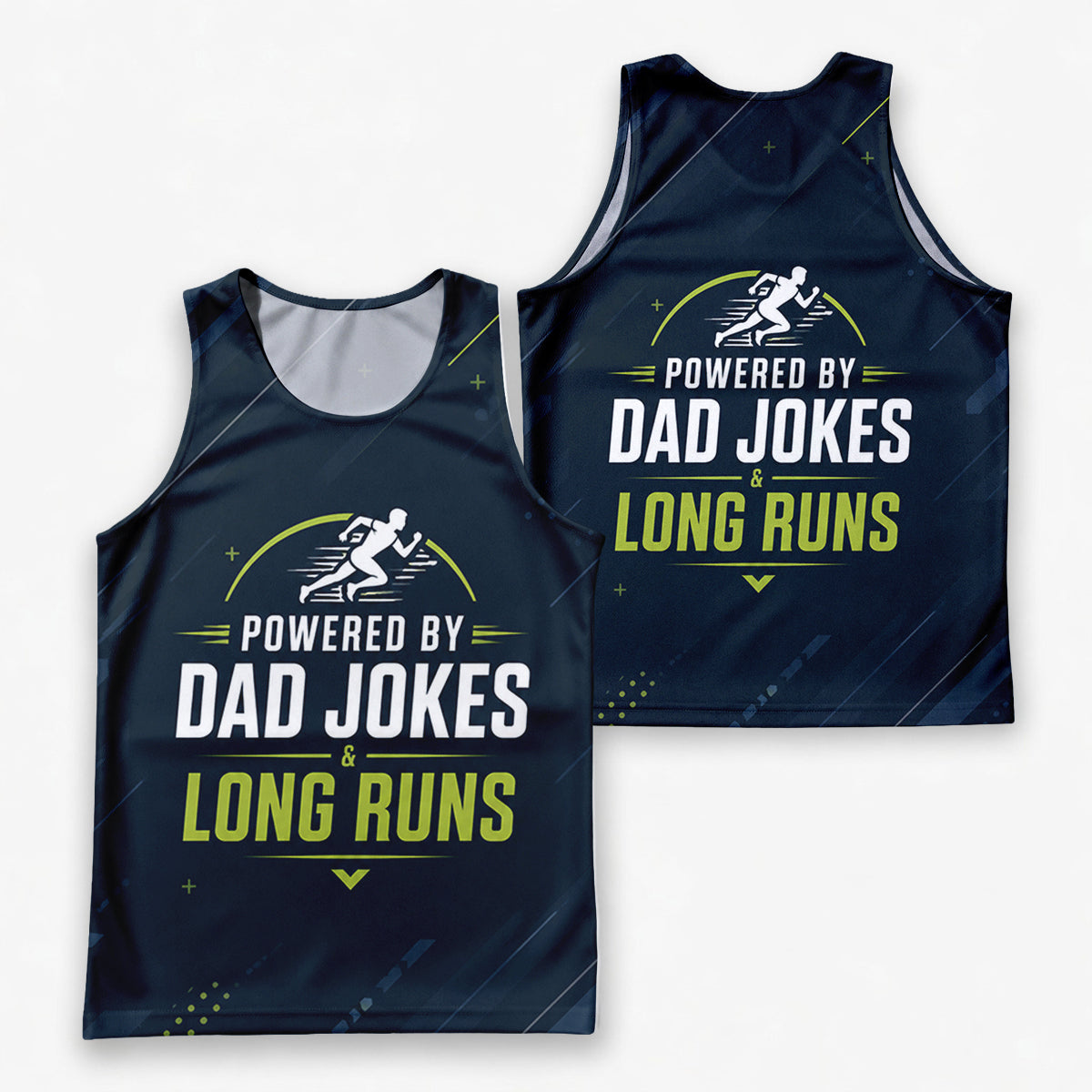 Funny Dad Running Tank Top My Powered by Dad Jokes & Long Runs Tech Singlet